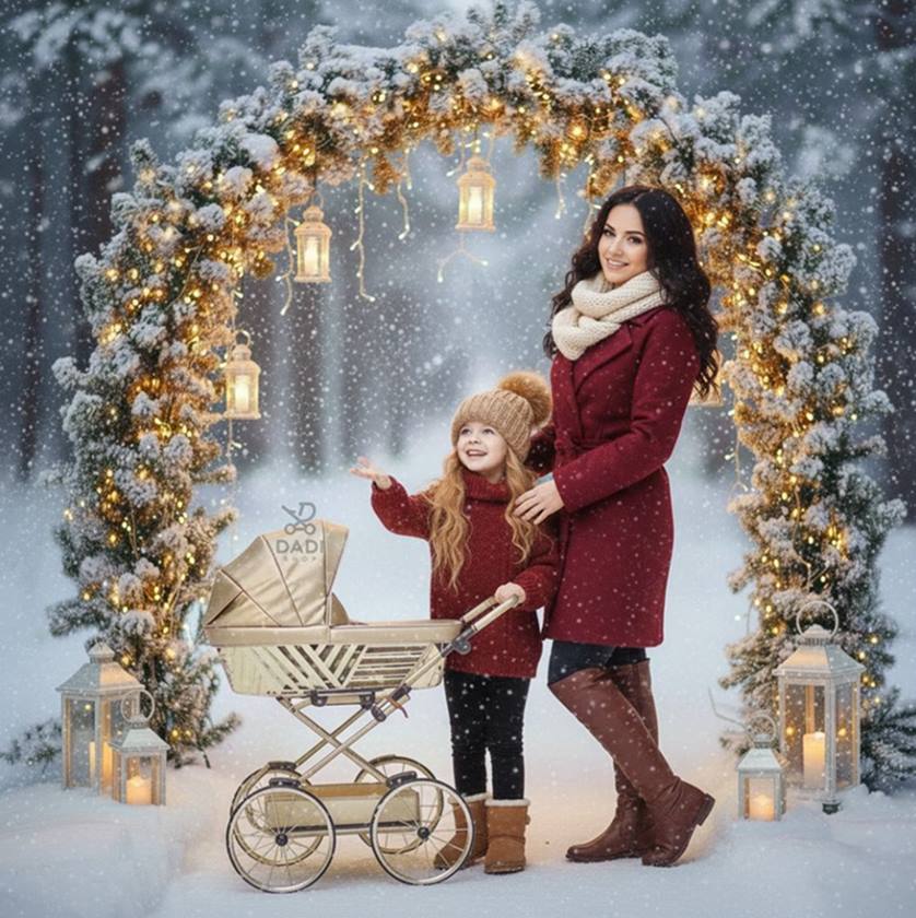 Wózek dla lalek Sojan Royal złoty, mama i córka bawią się w zimowej scenerii – prezent świąteczny, Dadi-Shop